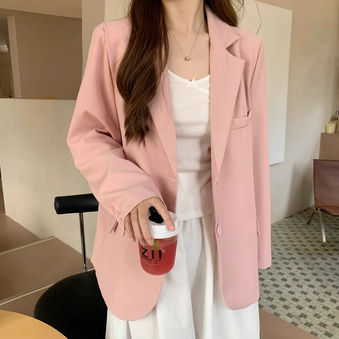 2024春季小个子粉色西装外套休闲简约宽松 上衣