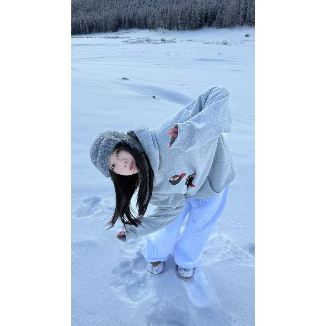 “青仓款式NO退换”休闲慵懒通勤连帽宽松廓形苹果卫衣印花秋冬160