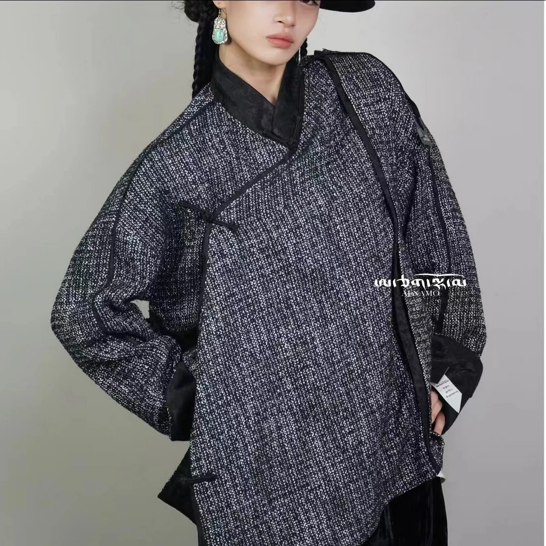 AJ-NAMO原创设计黑白粗花呢斜襟外套B334