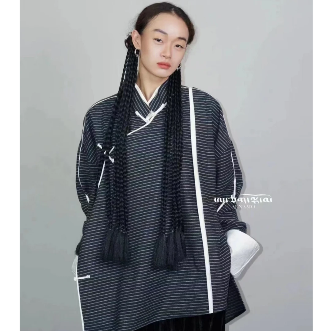 AJ-NAMO原创设款灰白撞色条纹斜襟外套B335