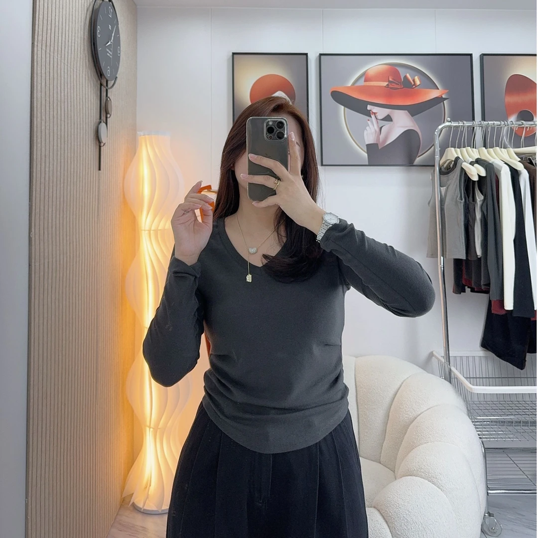 2024秋季新款V领时尚气质上衣纯色长袖百搭