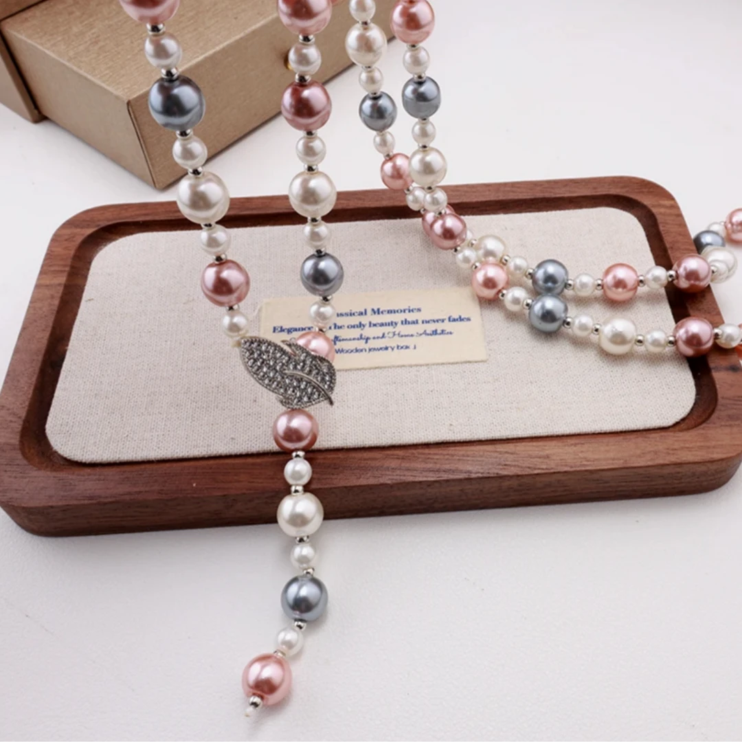 时尚简约白珠项链长款叶子可调节百搭ZD0229