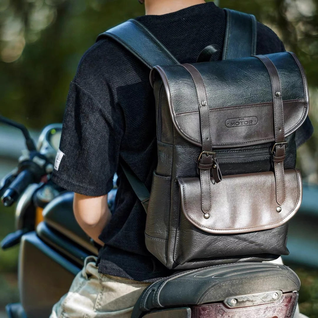 B6美式复古双肩包复刻PU皮革男士机车背包电脑户外旅行包MR MOTOR