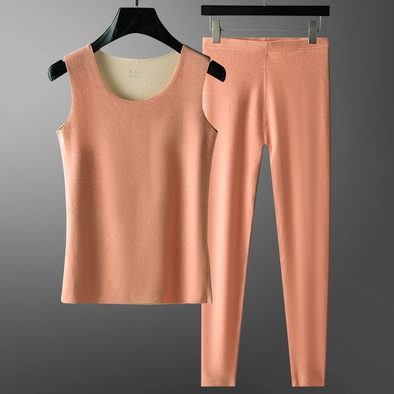 女士桑蚕丝德绒保暖套装秋冬修身内搭坎肩打底背心无痕女秋衣秋裤