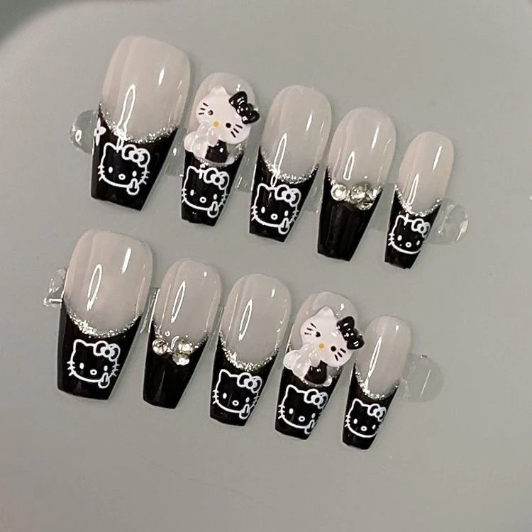 【hellokitty】法式黑hellokitty穿戴甲可爱成品贴片甲辣妹欧美款