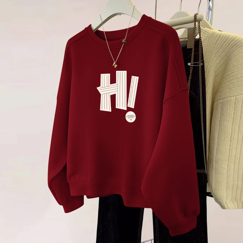 圆领套头卫衣女加绒加厚秋冬流行时尚女装宽松显瘦薄款长袖上衣女