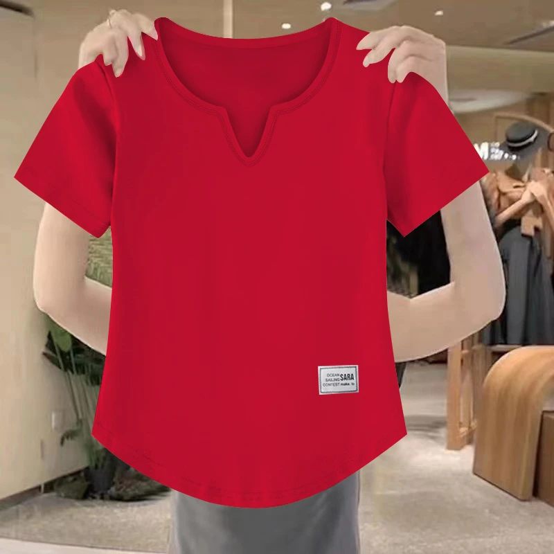 100%纯棉t恤女短袖宽松v领正肩夏2024打底简约体恤鸡心领内搭上衣