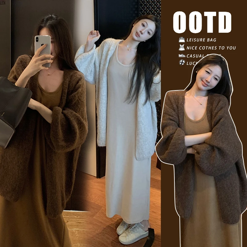 【西西家】孕妇连衣裙秋季时尚粗针慵懒风外套+百搭吊带裙