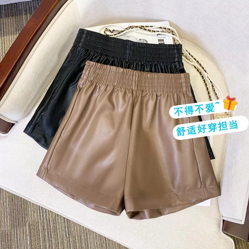 皮短裤女秋冬2023新款韩版高腰百搭A字阔腿松紧腰外穿宽松PU皮裤