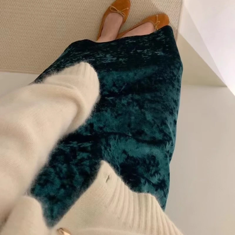 加绒秋冬法式优雅金钻丝绒半身裙女中长款高腰气质直筒开叉a字裙