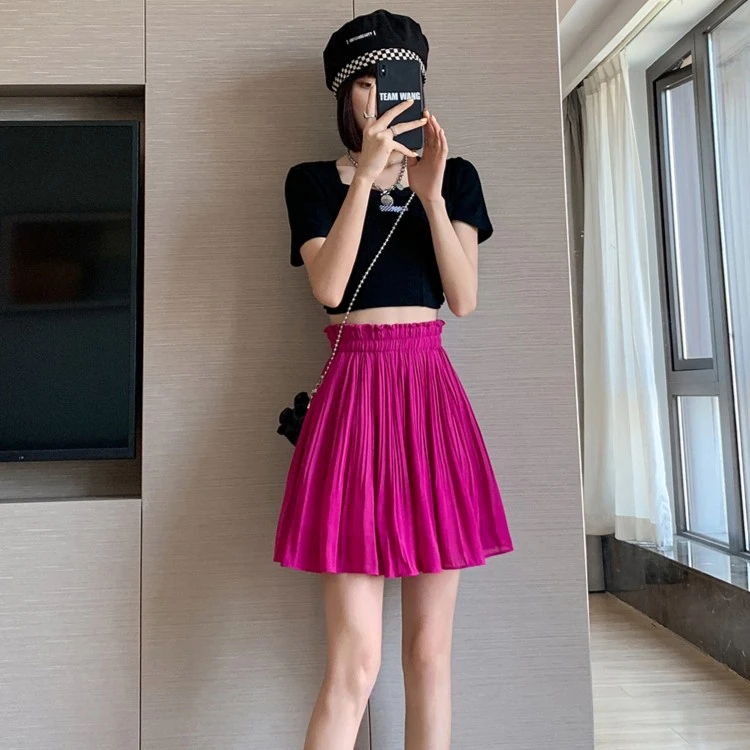 小个子百褶雪纺半身短裙女夏季2024新款韩版高腰显瘦百搭a字伞裙