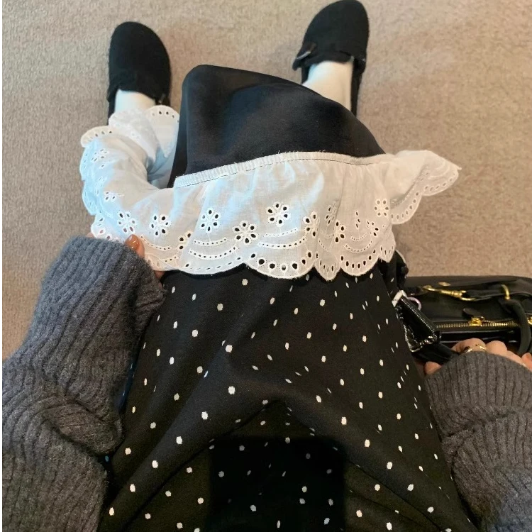 miu系波点蕾丝下摆毛呢半身裙女秋冬装辣妹加绒加厚遮胯显瘦A字裙