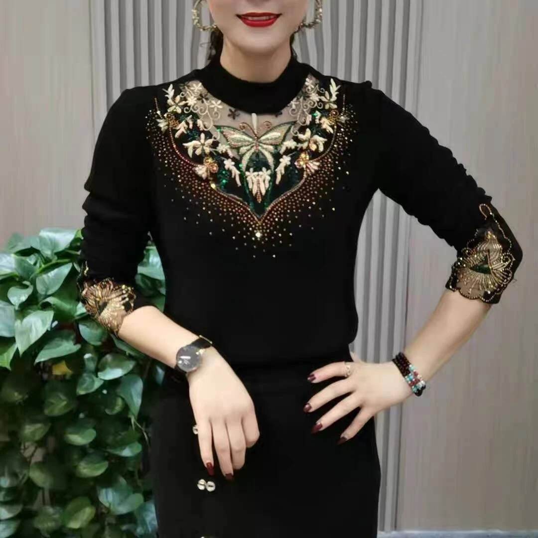 2025秋冬新款时尚洋气刺绣烫钻拼接半高领气质显瘦打底衫