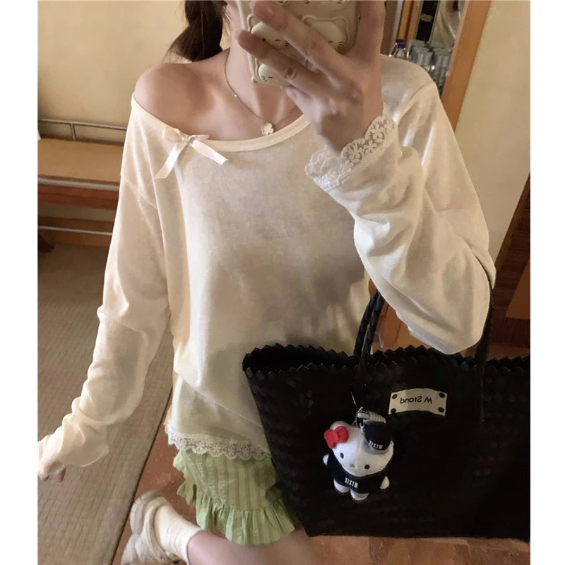 甜减龄薄款蕾丝拼接花边长袖T恤女夏季新款宽松微透防晒罩衫上衣