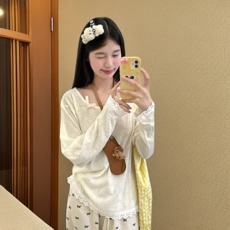 蝴蝶结蕾丝花边防晒罩衫长袖t恤女夏季设计感小众别致甜辣妹上衣