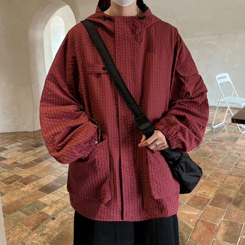 冲锋衣外套男春秋2025新款美式复古格子工装夹克户外防风机能上衣