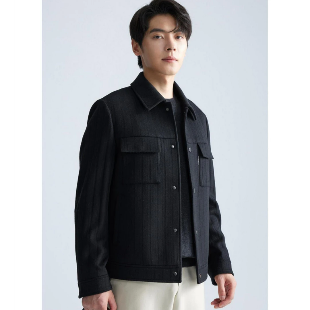 利郎【羊毛+桑蚕丝】冬季毛呢夹克短款黑色翻领简约休闲商务百搭