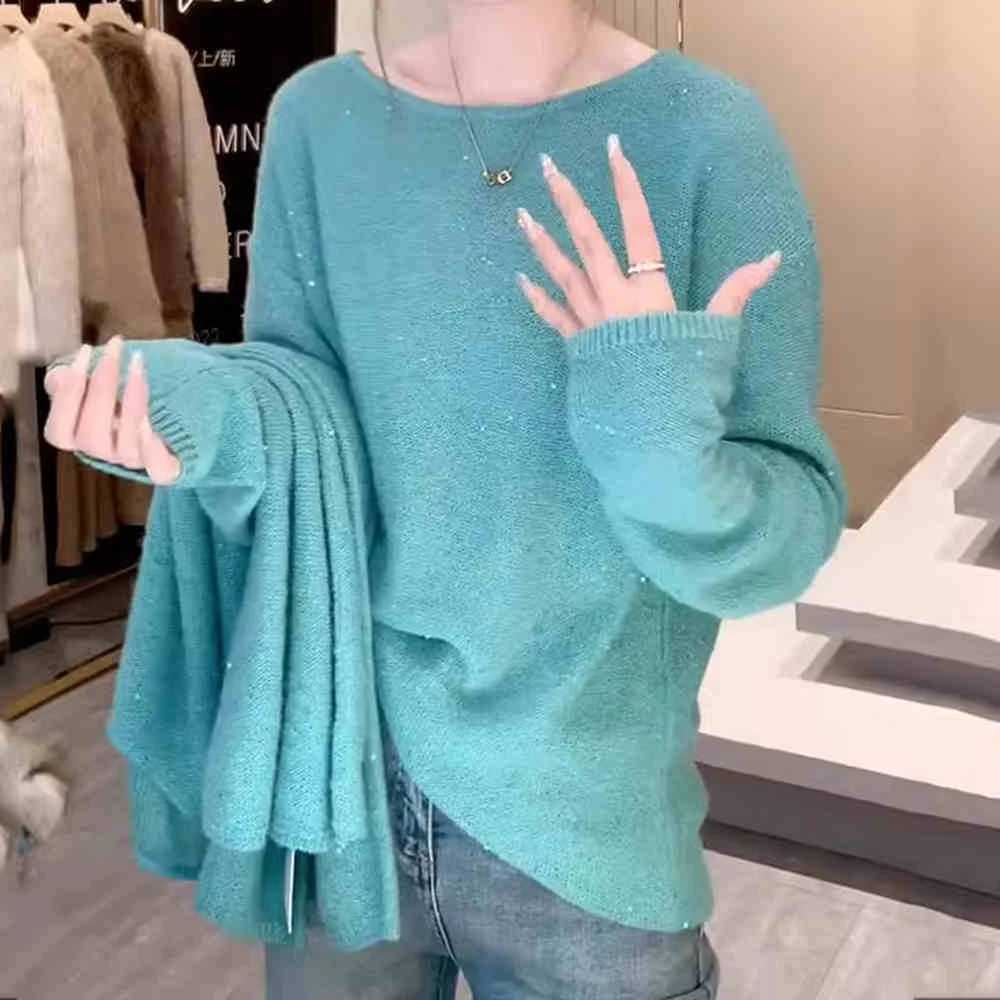 大码慵懒圆领蓝色套头毛衣针织衫女早秋宽松显瘦内搭外穿女装上衣