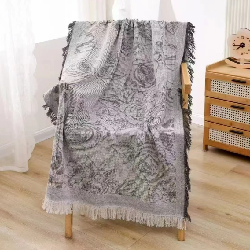 雪尼尔 90*90 cm棉麻沙发巾 加厚加大 流苏款 玫瑰花