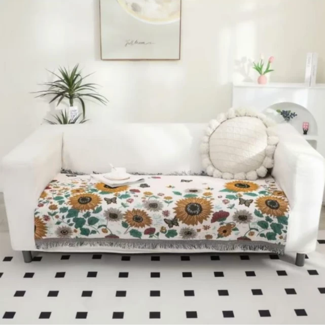 太阳花 90*180 cm棉麻沙发巾 加厚加大 流苏款