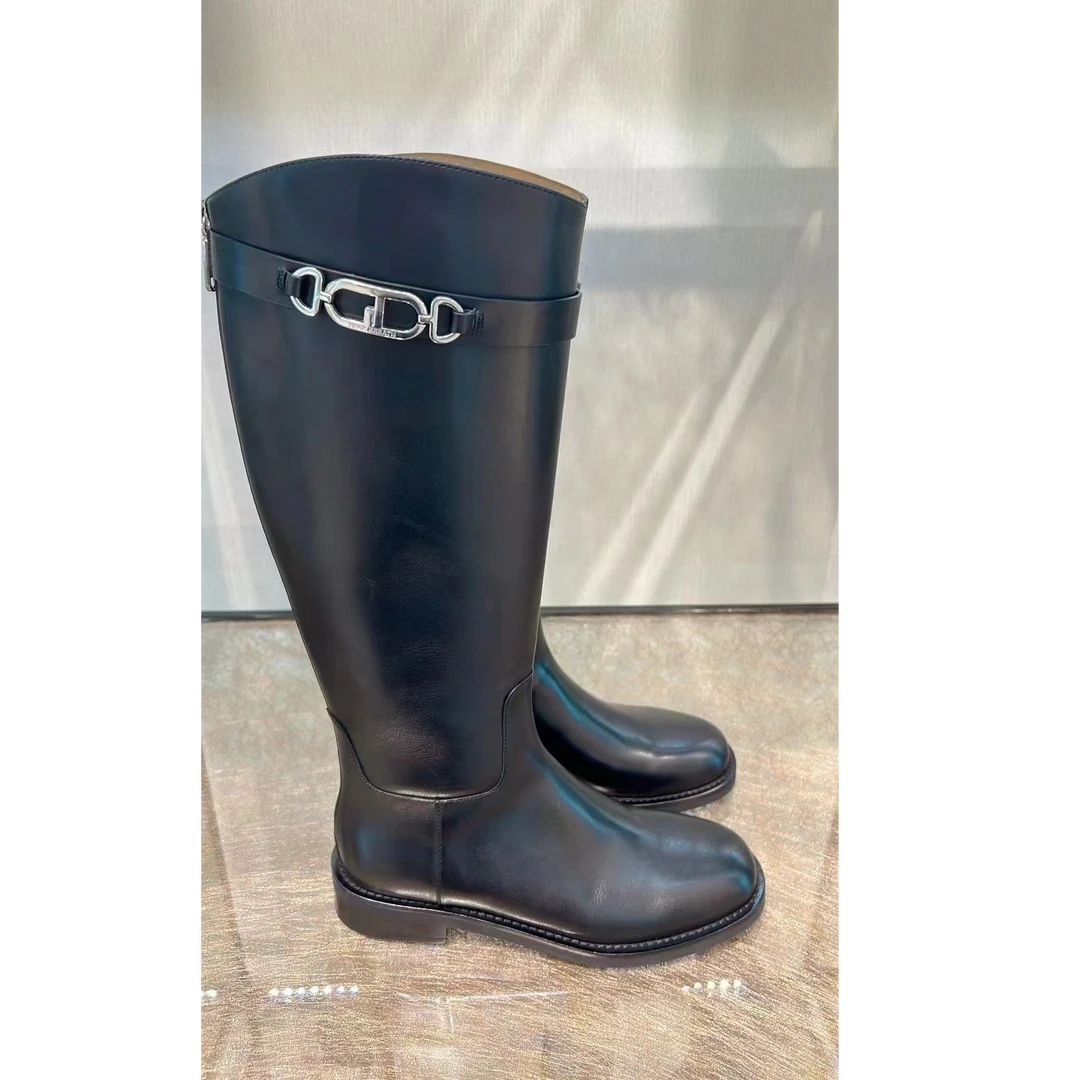 深呼吸新款质女士感牛皮侧拉链平底女靴