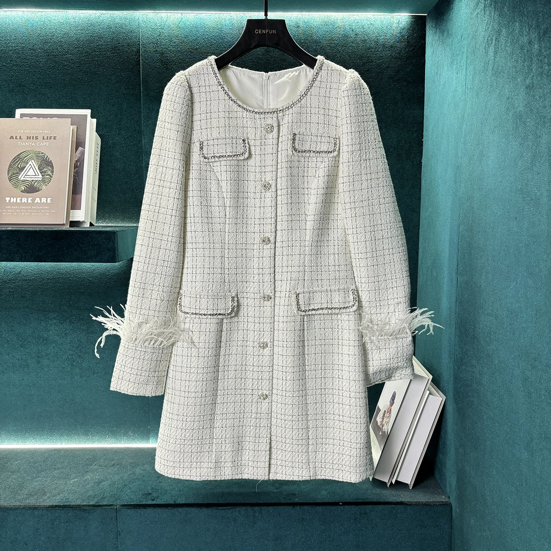 【CENFUN】英伦晚宴优雅小香风名媛羽毛装饰长袖收腰连衣裙E031117