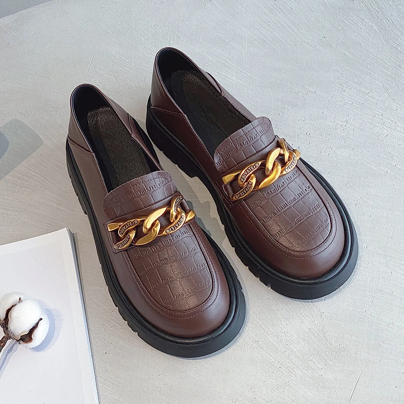 头层牛皮厚底乐福鞋女圆头秋季百搭皮鞋棕色82209