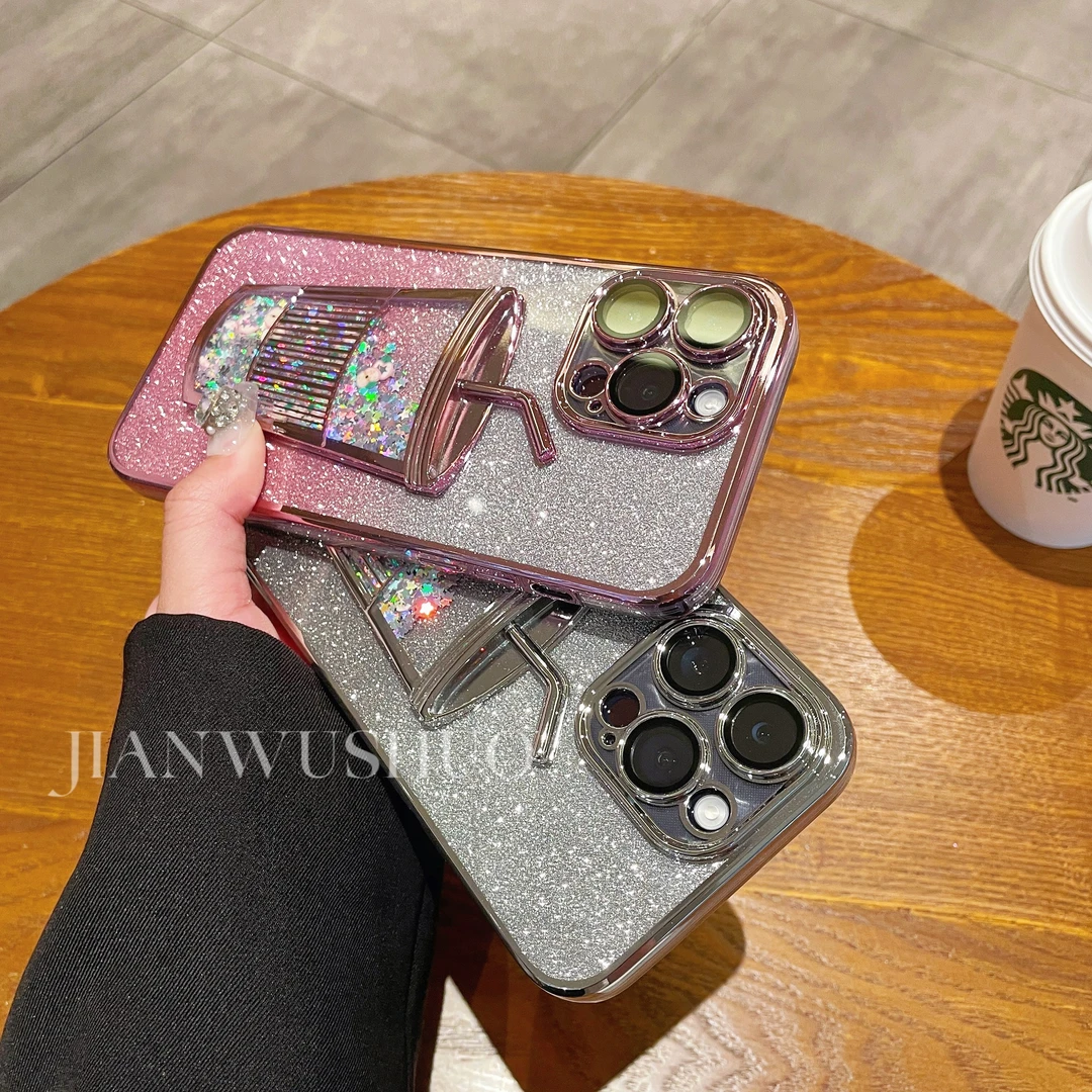 【适用苹果】闪粉流沙奶茶杯透明手机壳iPhone14promax/13/12/11