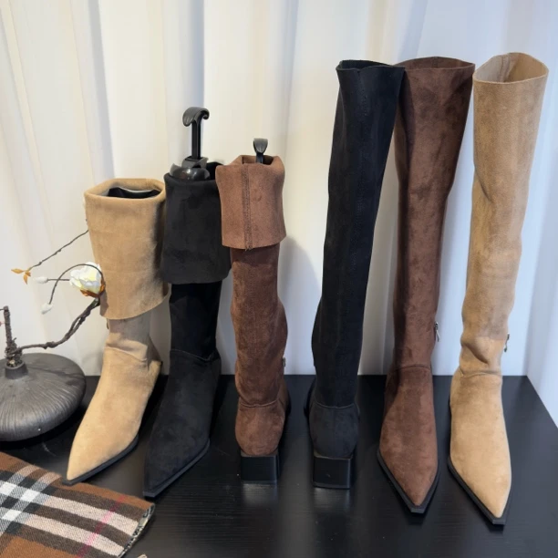 一靴多穿～弹力绒高跟瘦瘦靴过膝长筒靴女尖头粗跟法式弹力靴短靴