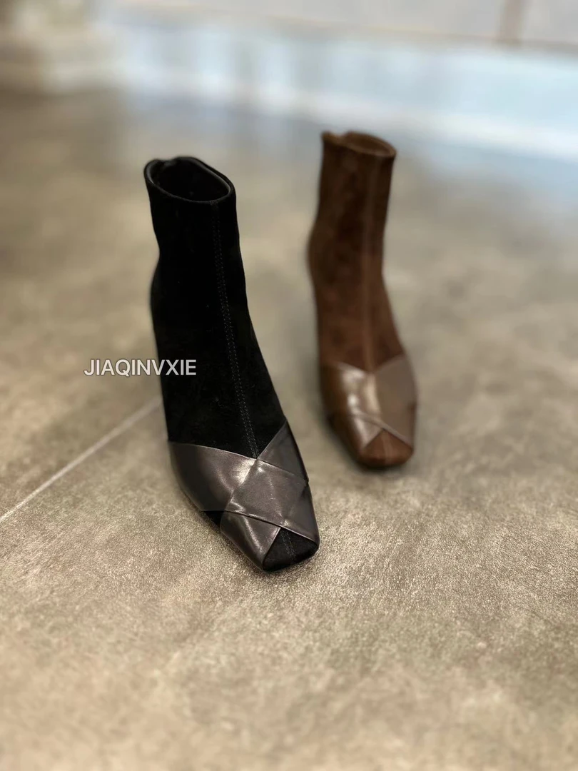 J奇家~1913-11方头小跟短靴气质时尚粗跟秋冬百搭裸靴高级感