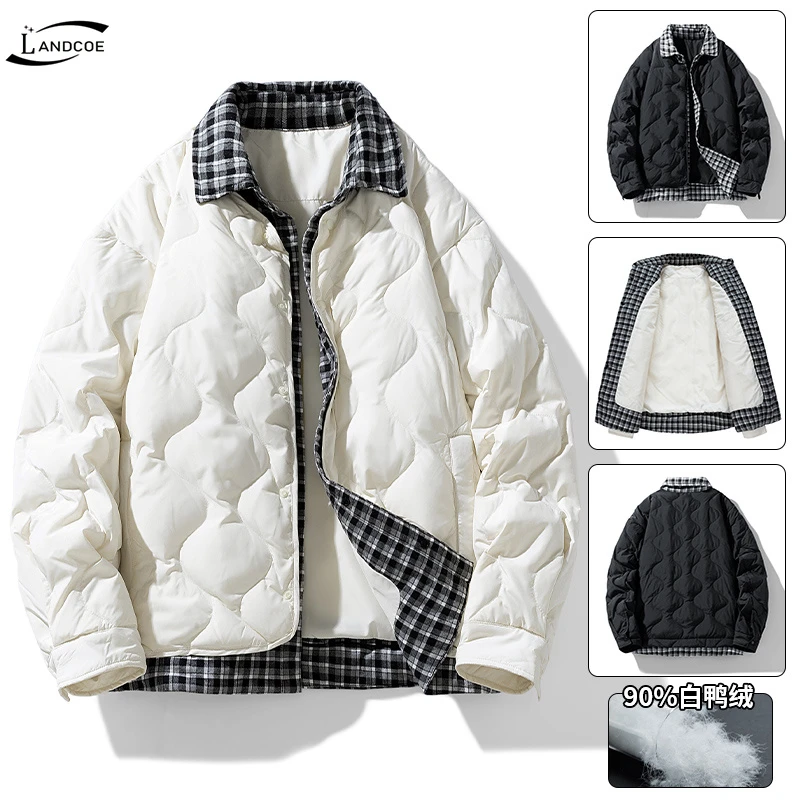 LANDCOE羽绒衣冬季新款男士潮流时尚拼接翻领假两件短款羽绒服潮