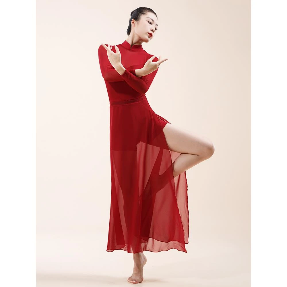 古典舞表演服跳舞旗袍舞蹈服红色飘逸练功服女中国舞服装身韵纱衣