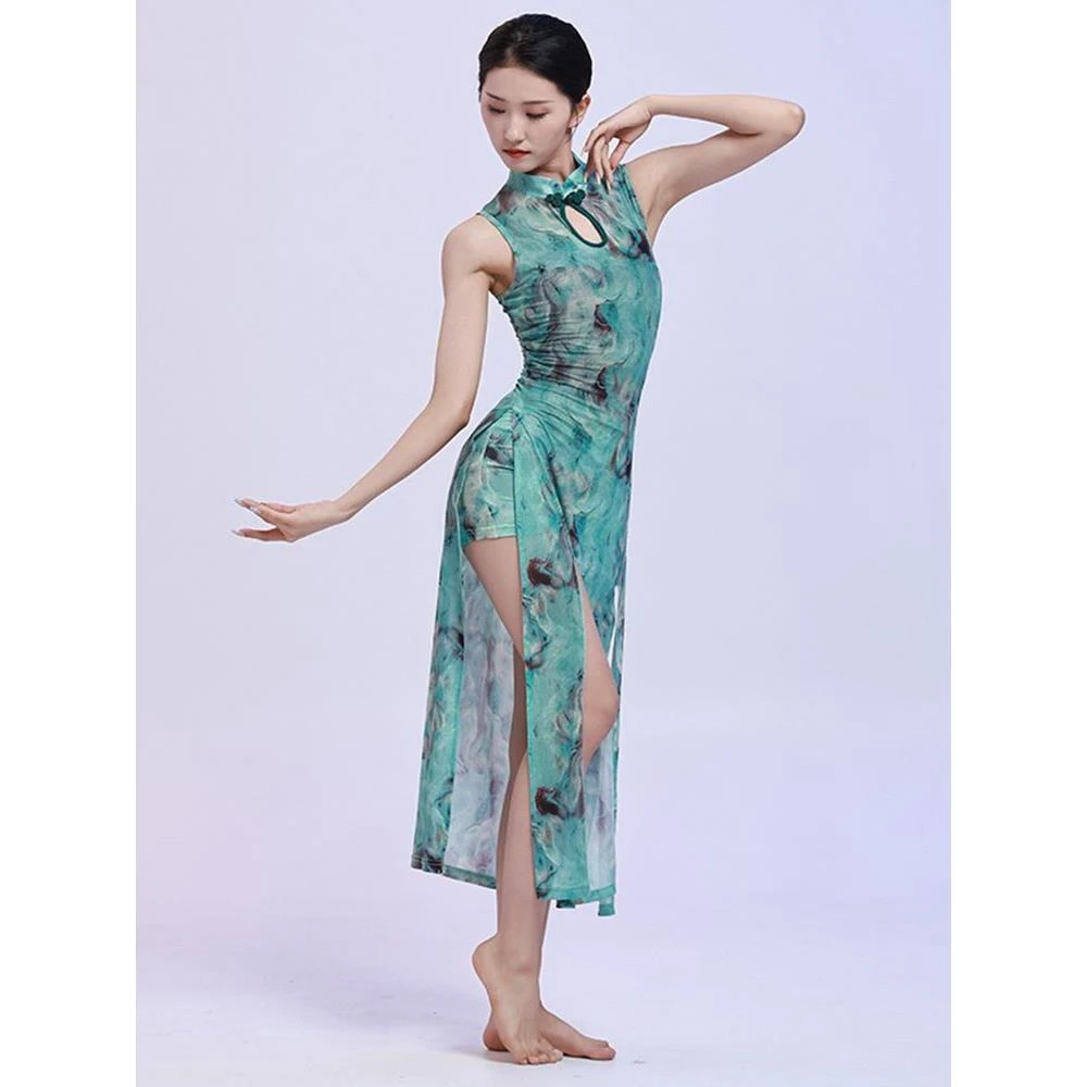 芙帛古典舞旗袍民族舞身韵印花网纱旗袍中国舞舞蹈服舞蹈练功服装