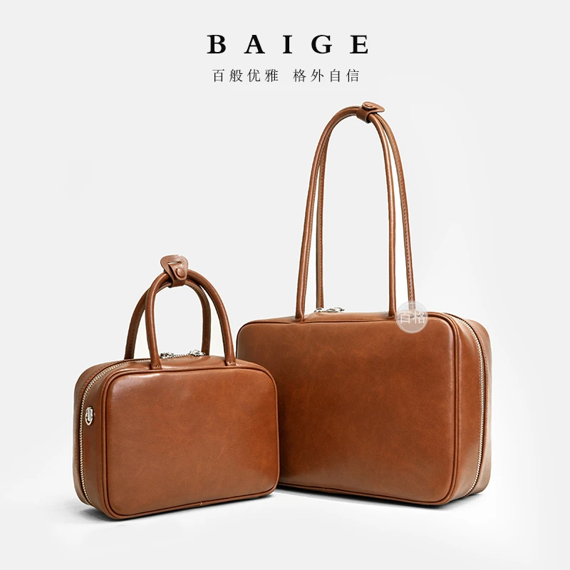 保龄球牛皮手拎包2025新款女包复古气质百搭高级单肩斜挎女包9526