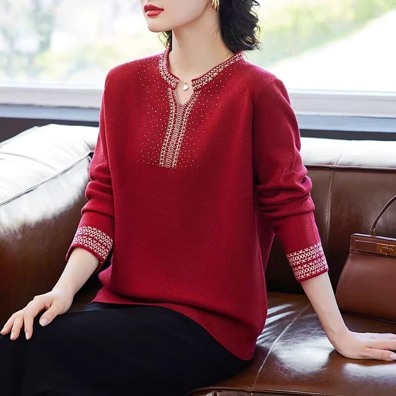 5261 妈妈红色长袖针织衫时尚秋冬装洋气中年女装上衣毛衣