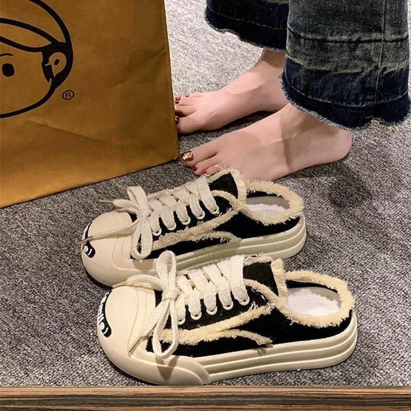 红蜻蜓牌开口笑半托包头小白帆布鞋女2023春秋新款百搭厚底懒人HT