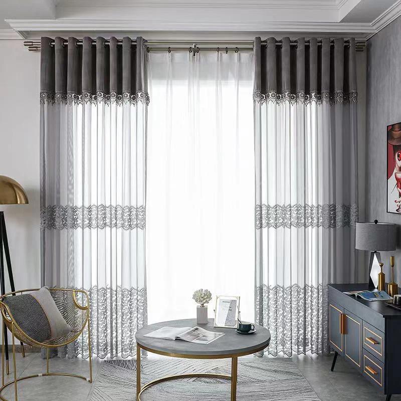 简约现代客厅纱帘轻奢绣花窗纱灰色餐厅阳台落地窗书房成品定制