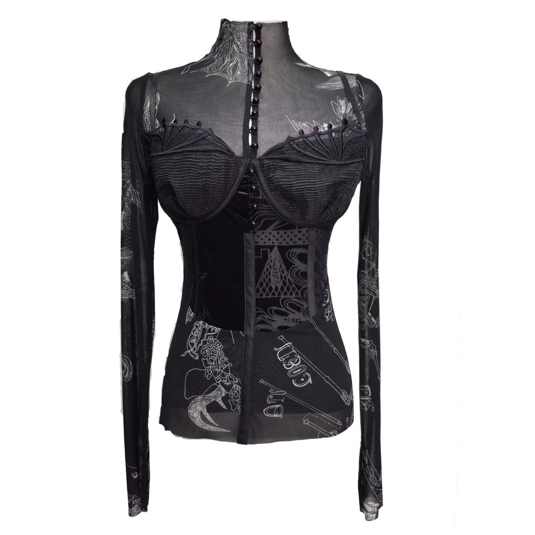 原创紧身长袖印花打底衫修身女士黑色性感透视薄网纱皮肤衣设计感