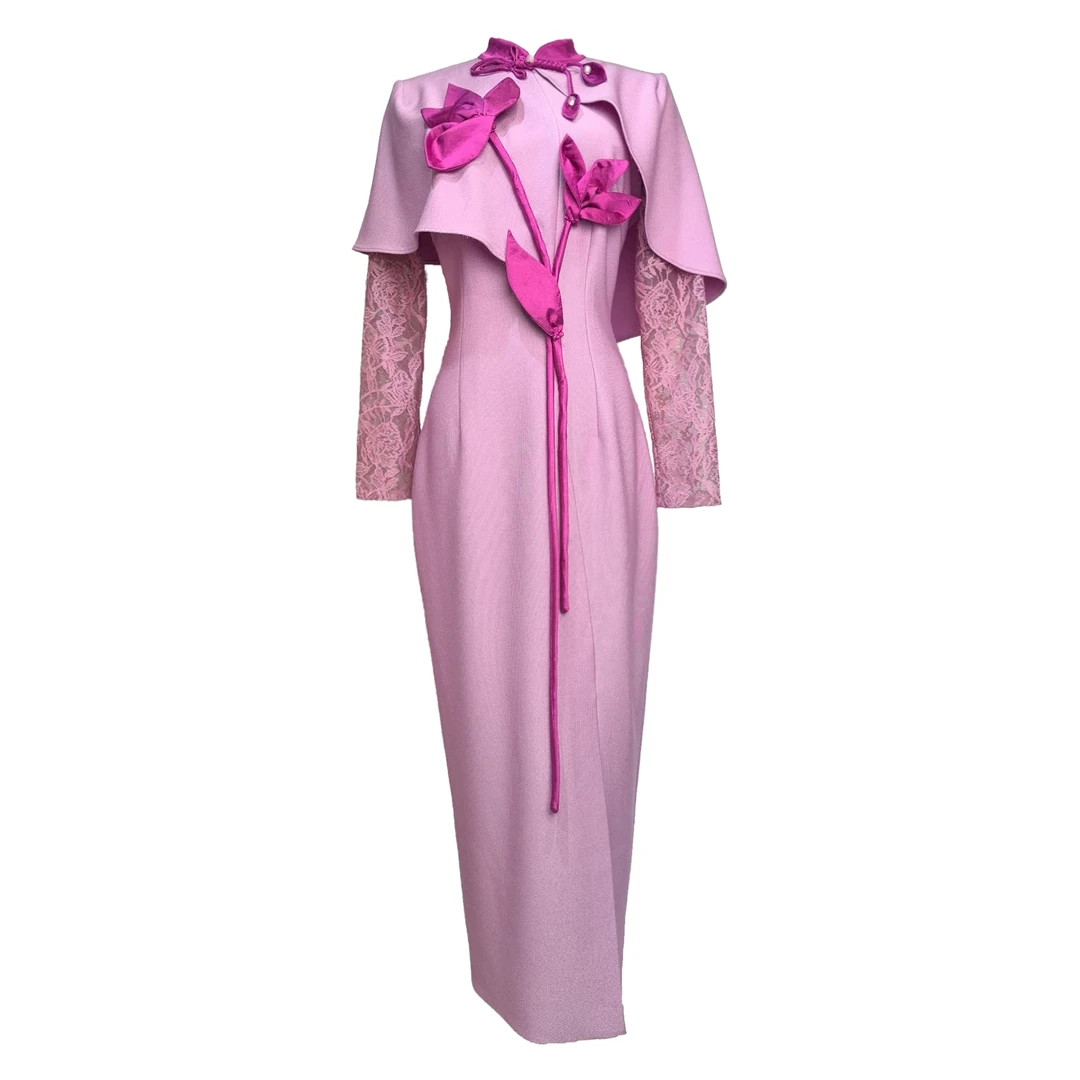 原创设计轻奢拼接蕾丝斗篷连衣裙新中式超修身手工花朵礼服长裙子