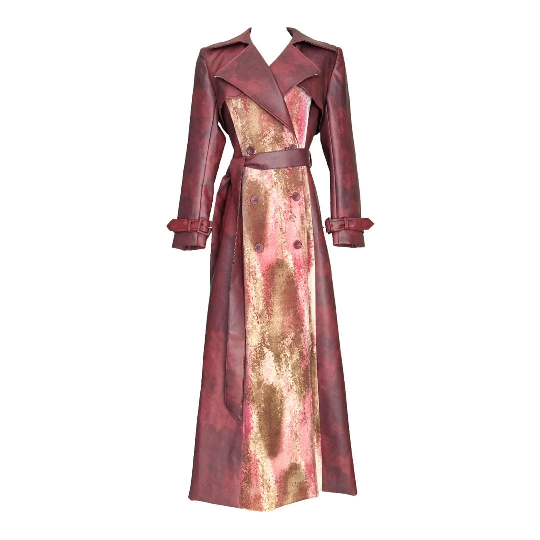 原创设计复古皮风衣外套女士国风拼色晕染秋冬款品质女装长款大衣