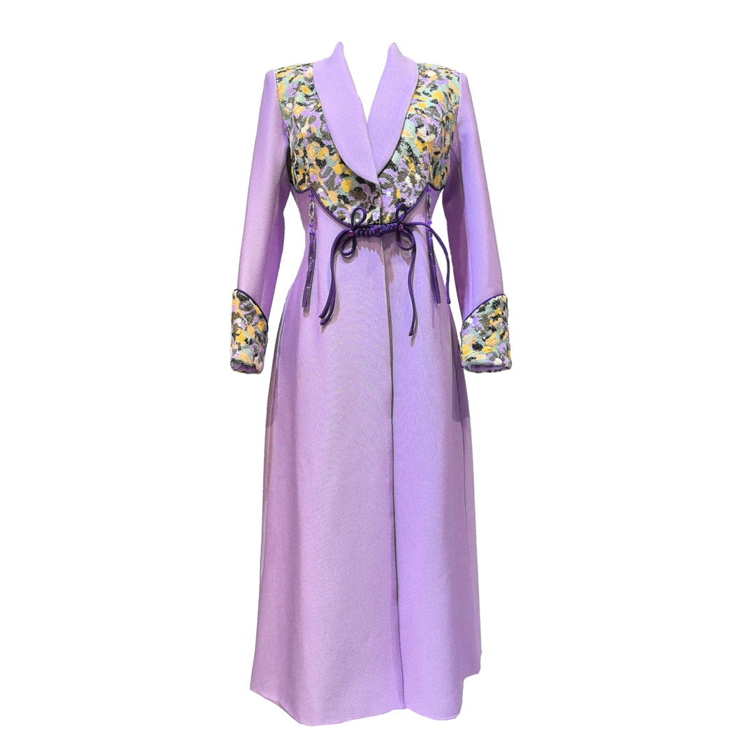 原创设计亮片刺绣拼色风衣外套女士秋季新中式盘扣紫色艺术外套