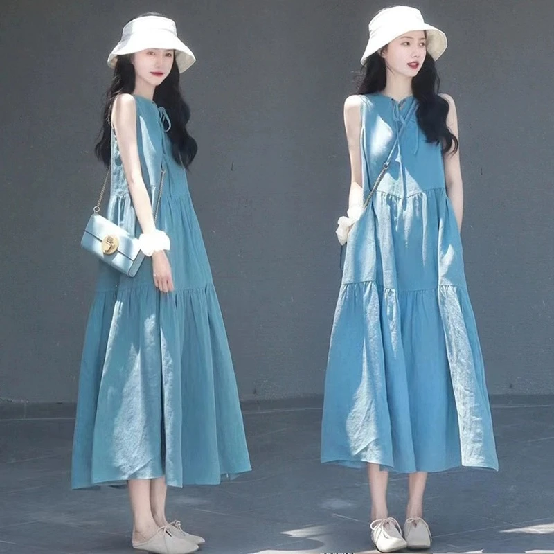 韩版宽松无袖背心长裙夏季新款微胖mm显瘦慵懒风休闲气质连衣裙女