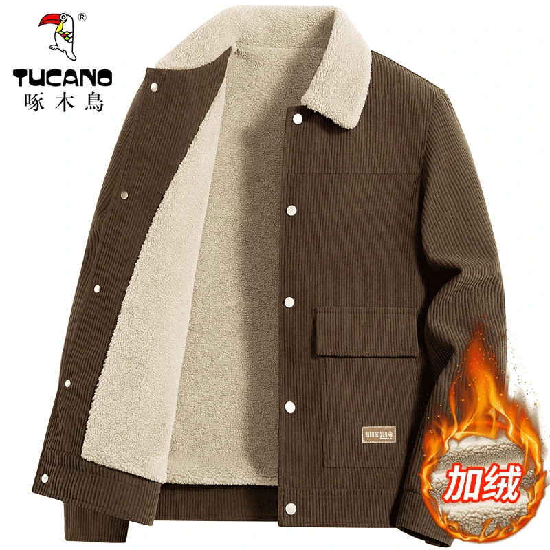 啄木鳥新款高档大码加绒加厚夹克秋冬季爆款灯芯绒外套男商务棉服