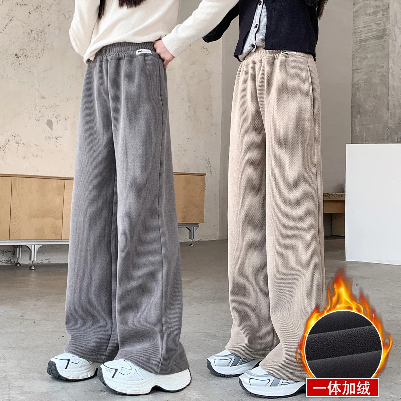 女童加绒裤子2025新款中大童一体绒阔腿裤儿童冬季加厚休闲直筒裤