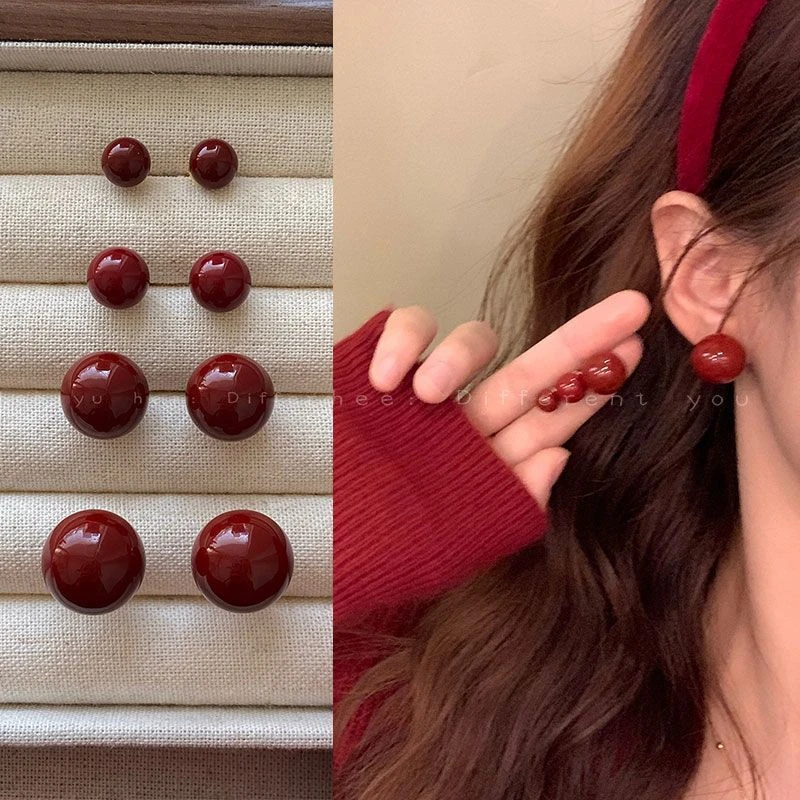 1115高级感红色珠珠耳钉过年显白氛围感甜美复古港风耳饰ins辣妹