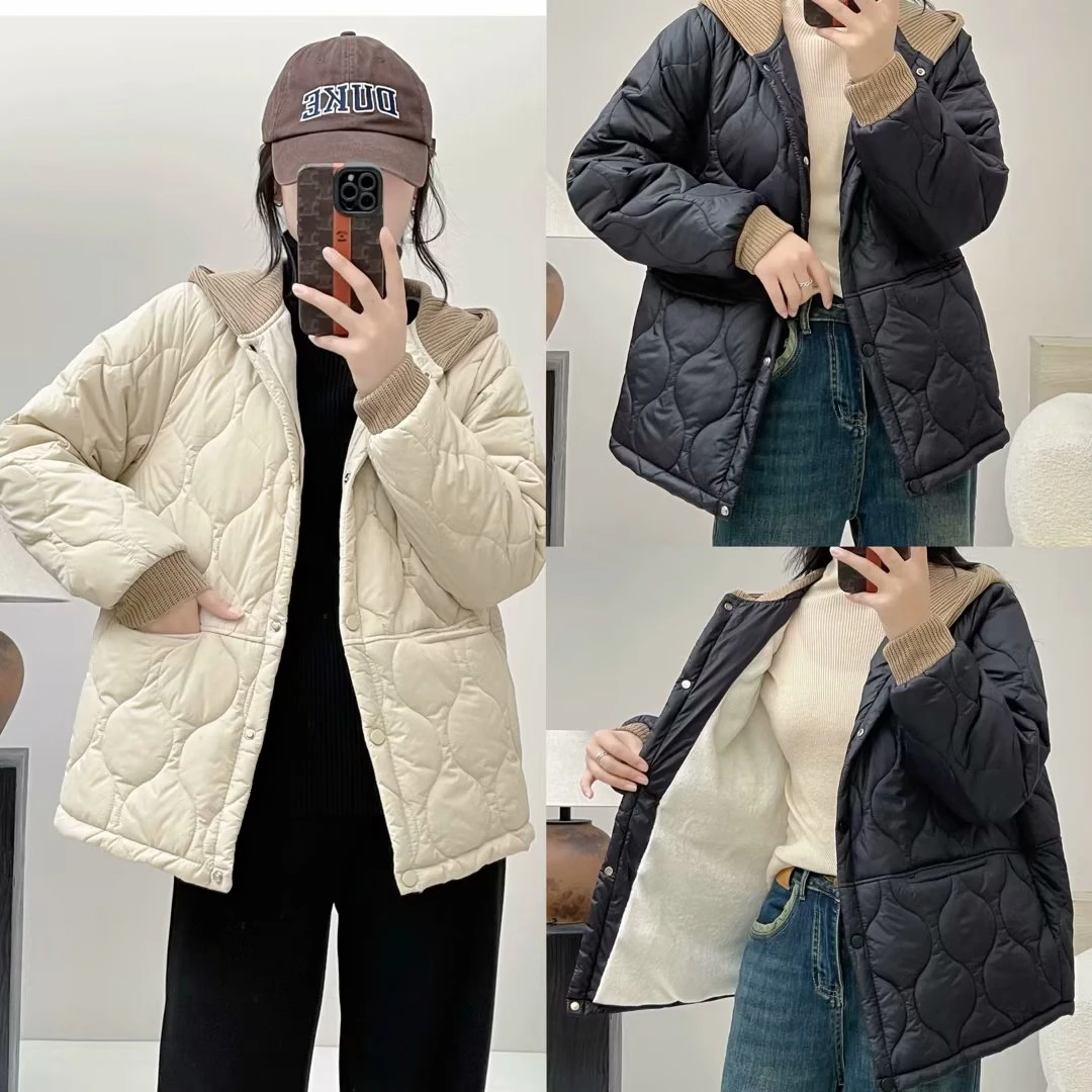 JIANAOBEN/简澳本大码宽松显瘦休闲针织连帽拼接加绒加厚棉衣外套