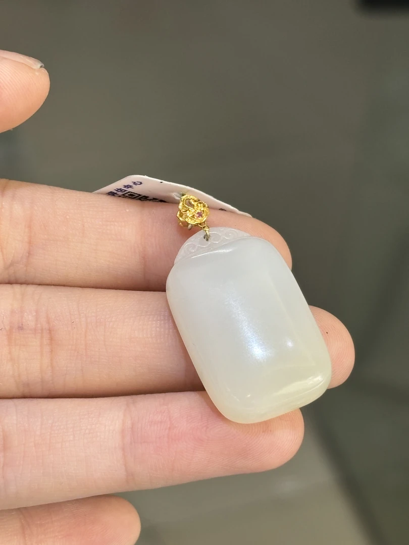 3265 和田玉18k金镶嵌羊脂白玉无事牌 多样性发其一