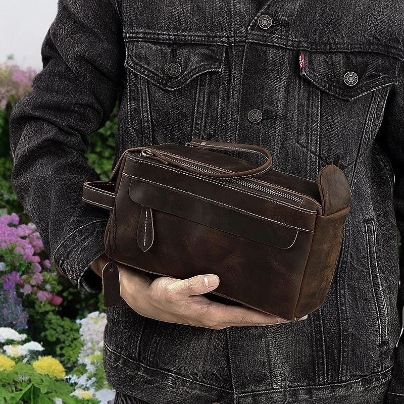 男士手包真皮洗漱包多功能旅行收纳包头层牛皮男大容量手包疯马皮