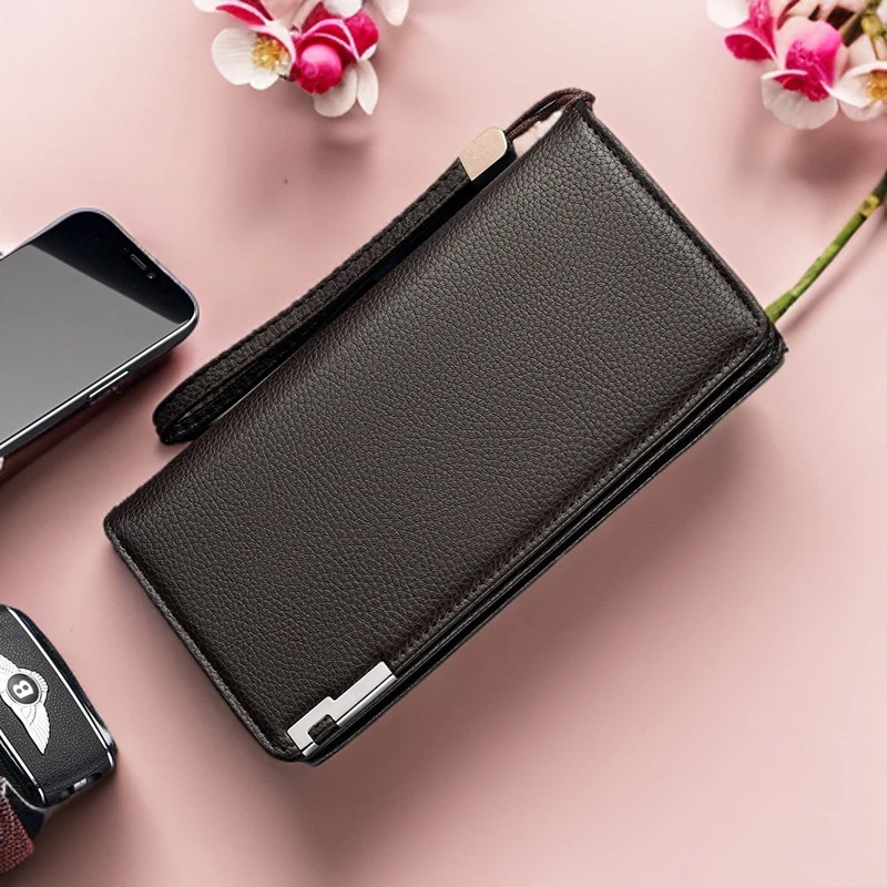 美拉德棕色男士钱包长款皮夹男款商务手拿包多卡位钱夹手包手机包