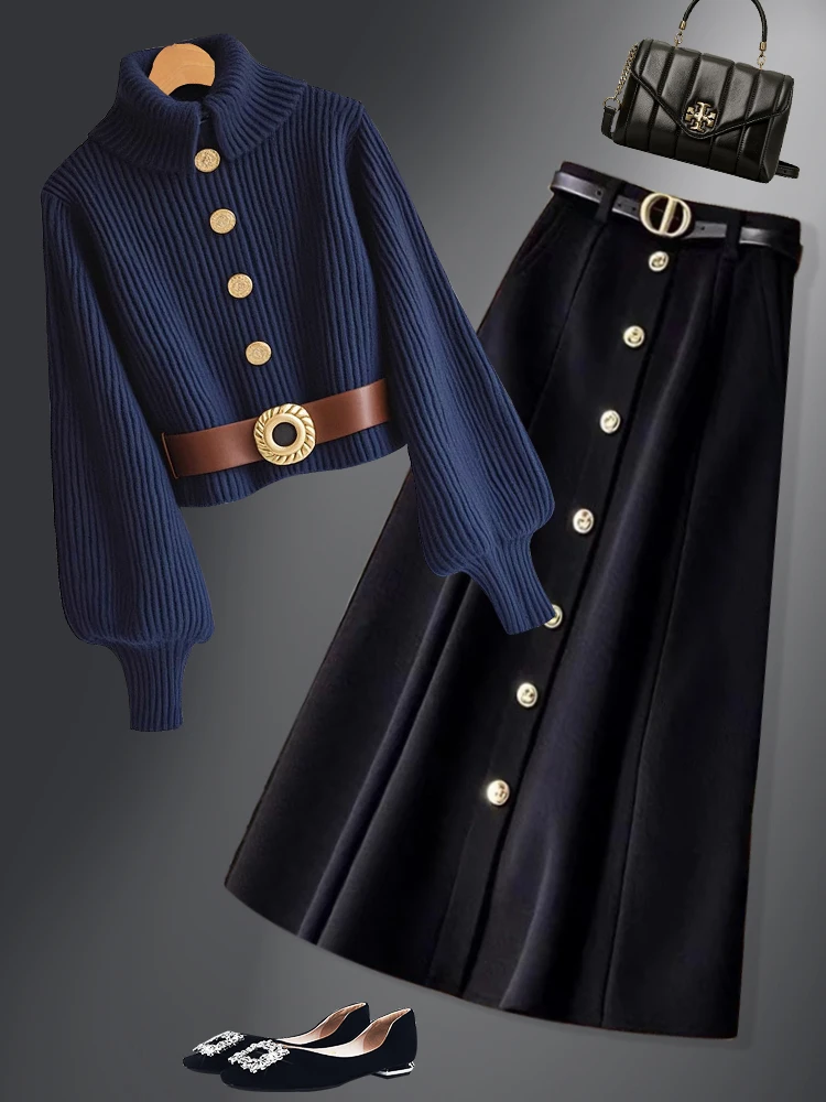 2024冬季新款轻奢加厚保暖针织衫上衣两件套时尚小香风半身裙套装